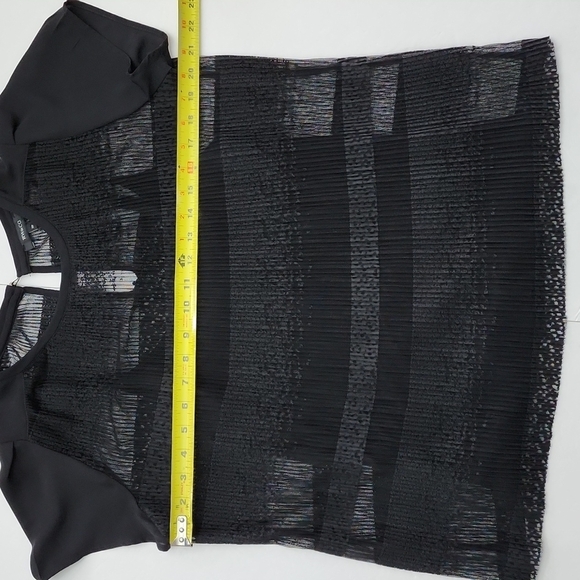 RW&CO Women's Black Sheer Lace Top Subtle Stripes Capped Short Sleeves Sz Small - Picture 15 of 16